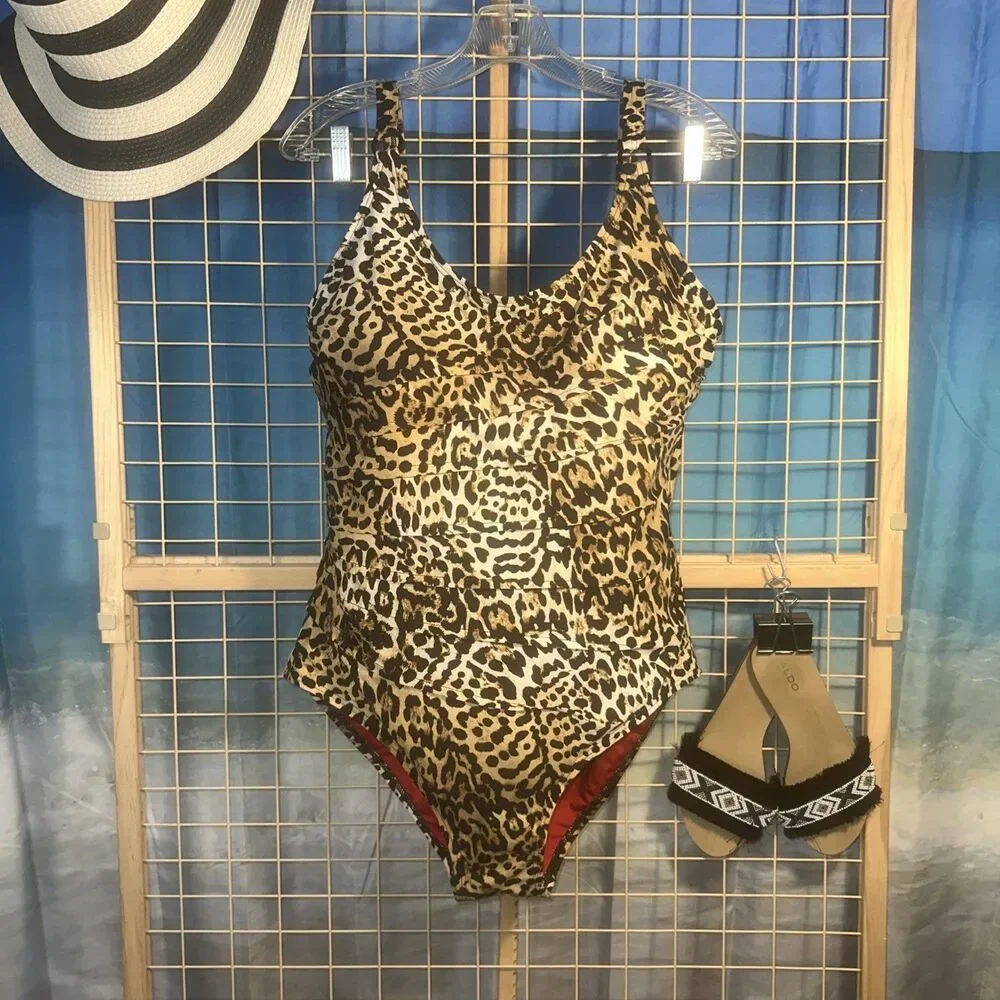 DKNY Leopard Print One Piece Swimsuit Womens Tiered Ruffle Brown XL - Picture 1 of 10